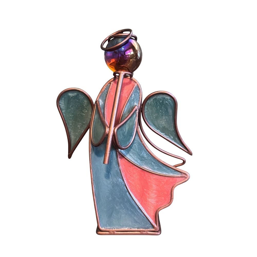 Stained Glass‎ Angel Figurine Copper Wire Tea Light Candle Holder Iridescent Orb